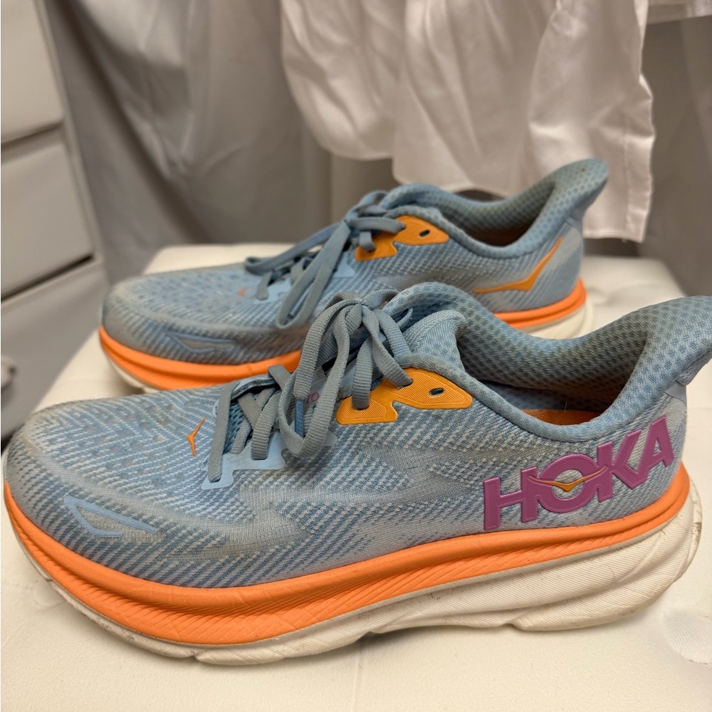 Hoka Clifton 9’s Sneakers - Light Blue and Orange
